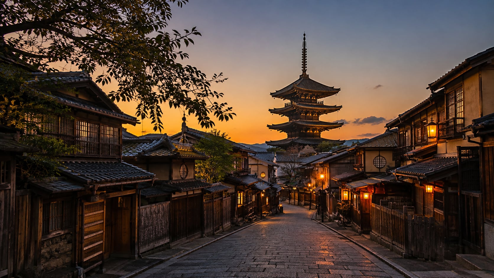 Pagoda-lined street in Kyoto's Higashiyama district at dusk