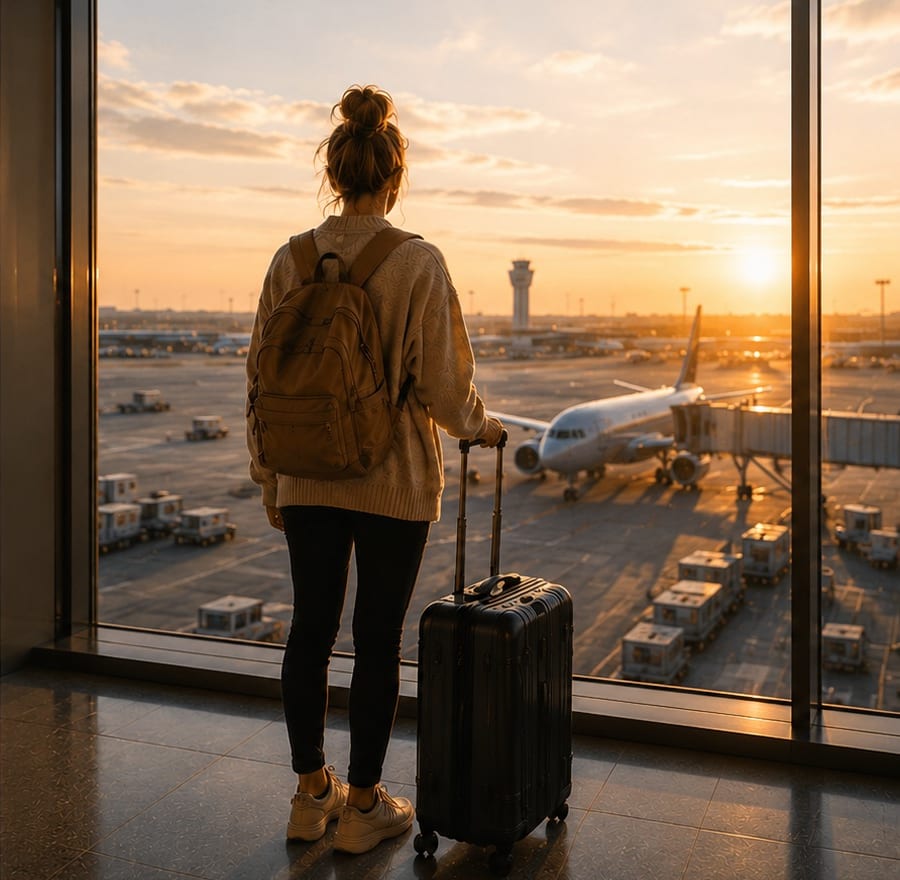 Traveler with a suitcase watching planes at an airport window at sunset